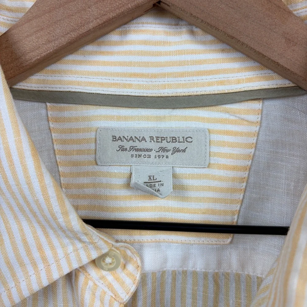 Banana Republic Shirt Mens XL Yellow University Stripe 100% Linen Button Up Y2K